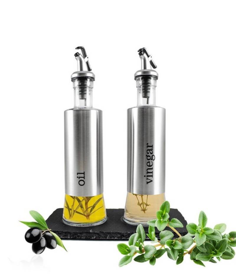 Sendez Menage-Set Öl und Essig Set auf Schieferplatte Ölspender Essigspender Ölflasche von Sendez