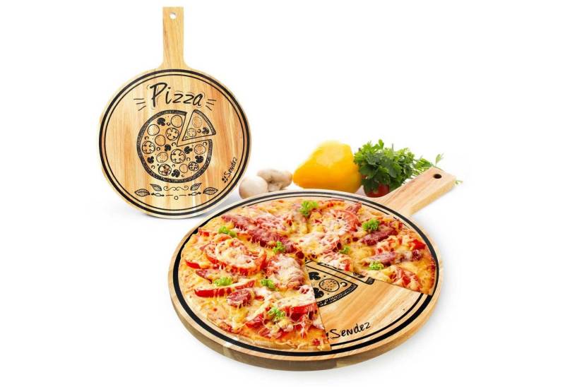 Sendez Pizzaschneidebrett Pizzabrett mit Griff und Aufdruck ø30cm Holzbrett Pizzateller von Sendez