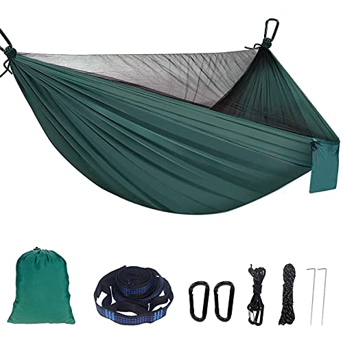 Hängematte mit Moskitonetz Sendowtek Hängematte Outdoor mit Baumgurten D-förmige Karabiner Elastische Seilschlaufe Ultralight Tragbare Reise Hängematte für Camping Outdoor Garten(Armeegrün) von Sendowtek