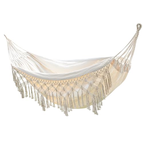 Sendowtek Hängematte Outdoor Boho-Stil Hängematte Garten mit Makramee Hängematte Baumwolle mit Tragetasche Tragfähigkeit 300Kg Große Brasilianische Hängematte für Balkon Garten Terrasse Indoor - Beige von Sendowtek