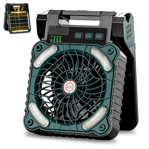 Sendowtek Solarstrom Ventilator Batterie & Solarstrom Camping Ventilator mit 10400mAh Typ-C-Eingang USB-Ausgang Leiser Tischlüfter Zeltventilator mit LED-Leuchten für Outdoor Reisen Zuhause Büros von Sendowtek