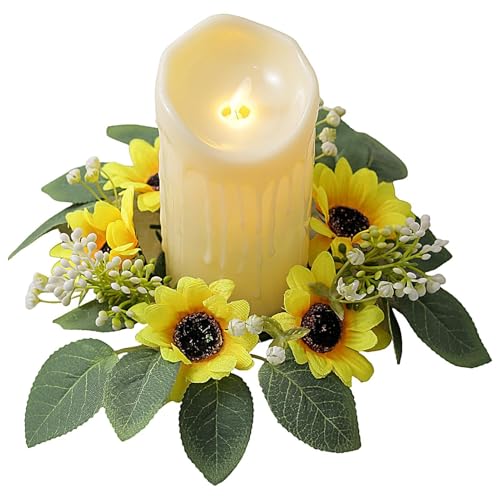 Sonnenblumen-Kerzenring, Kerzenringe, Kränze,Kerzengirlandenringe mit künstlichem grünem Eukalyptus, gelber Sonnenblume und weißen Knospen | 9,84 Zoll rustikales Landhaus-Themendekor, Blumenringe für Sonnenblumen-Kerzenring, Kerzenringe, Kränze,Kerzengirlandenringe mit künstlichem grünem Eukalyptus, gelber Sonnenblume und weißen Knospen | 9,84 Zoll rustikales Landhaus-Themendekor, Blumenringe für von Senermter