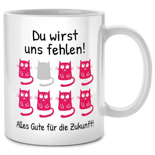 Seness Du wirst uns fehlen Tasse Spruch Katze, Abschiedsgeschenk Kollegen Jobwechsel, beste Kollegin Abschied Geschenk, Lieblingskollegin, Rente Ruhestand Rentner, Katzen Tassen mit Sprüchen lustig von Seness