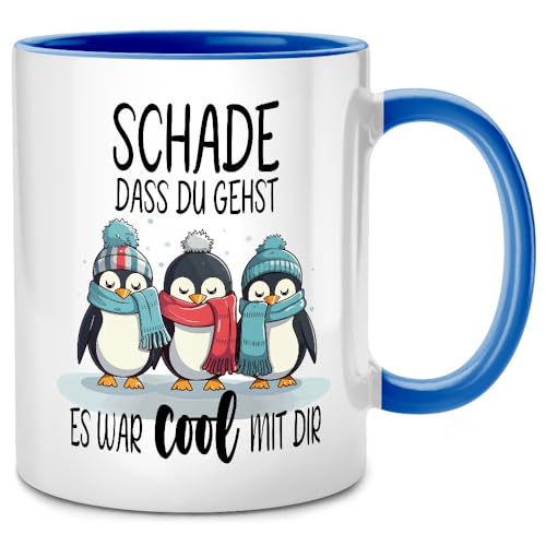 Seness Schade dass du gehst es war cool mit dir Tasse mit Spruch Pinguine, Abschiedsgeschenk Kollegen Jobwechsel, Abschied Kollegin, beste Lieblingskollegin Geschenk, Team Büro Arbeit Rente (Blau) von Seness