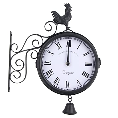 Sengfwin Antik Wanduhr Retro Garten im Freien Wandbehang Doppelseitige Bahnhofsuhr Schwarz beidseitiges Ziffernblatt 30x9x37cm Wasserdichtes Gartenuhr bahnhofsuhr außen wetterfest von Sengfwin