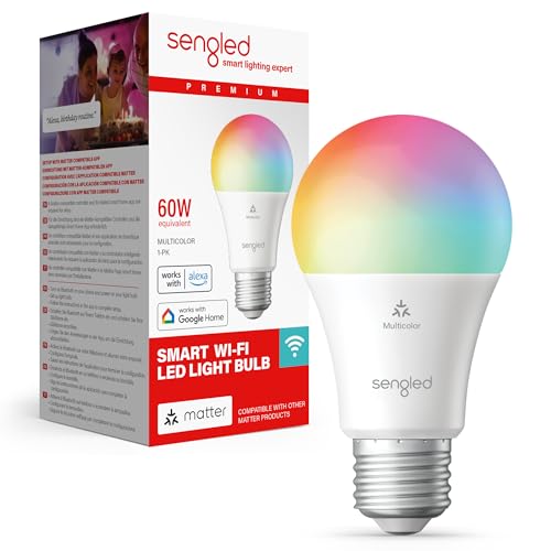 Sengled LED-Smart-Glühbirne (E27), für Matter und Alexa geeignet, mehrfarbig, entspricht 60 W, 800 LM, sofortige Kopplung, Matter-kompatible Plattform erforderlich, 2,4 GHz, WLAN, 1er-Pack von Sengled