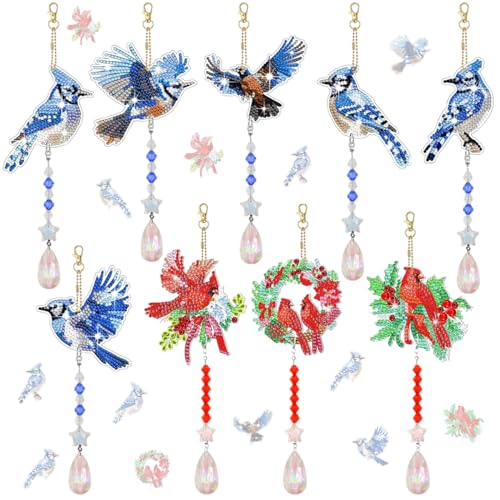 SENHAI 9-teiliges 5D-Diamant-Gemälde, Windspiel-Set, doppelseitig, Vogel, Diamantkunst, DIY-Windkristall-Ornamente mit Kristallanhänger für Zuhause, Fenster, hängende Dekoration (blau, rot) von Senhai