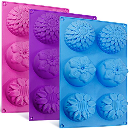 Senhai 6-Cavity Silikon-Blumenform Kuchenformen, 3 Packs Fondant Rose Form Dekorieren Eiswürfel Trays für hausgemachte Kuchen Schokolade Cupcake - lila blau rosa von Senhai