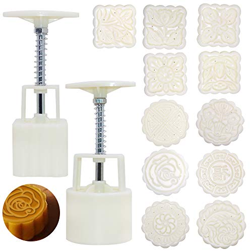 SENHAI 2 Sets Mondkuchenform Presse mit 11 Stempeln, runde Blume und quadratische Blumendekoration, Werkzeuge zum Backen, DIY, Kuchen, Kekse, Dessert von Senhai