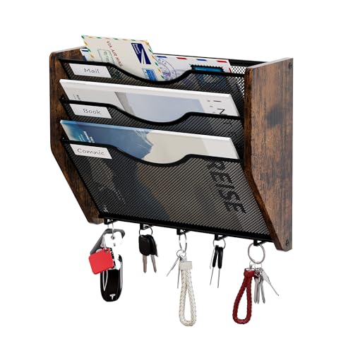 Senhoglb Mesh Hanging File Organizer, 3-Tier File Folder Holder Wall Mounted Magazine Rack With Hooks Wood Document Storage Mail Organizer for Office Home, Antique Brown von Senhoglb