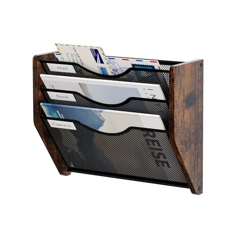 Senhoglb Mesh Hanging File Organizer, 3-Tier File Folder Holder Wall Mounted Magazine Rack With Pockets Wood Document Storage Mail Organizer for Office Home, Antique Brown Senhoglb Mesh Hanging File Organizer, 3-Tier File Folder Holder Wall Mounted Magazine Rack With Pockets Wood Document Storage Mail Organizer for Office Home, Antique Brown von Senhoglb