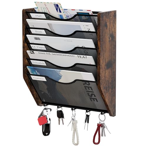 Senhoglb Metall Hanging File Organizer, 5-Tier File Folder Holder Wall Mounted Magazine Rack With Hooks Wood Document Storage Mail Organizer for Office Home, Antique Brown Senhoglb Metall Hanging File Organizer, 5-Tier File Folder Holder Wall Mounted Magazine Rack With Hooks Wood Document Storage Mail Organizer for Office Home, Antique Brown von Senhoglb