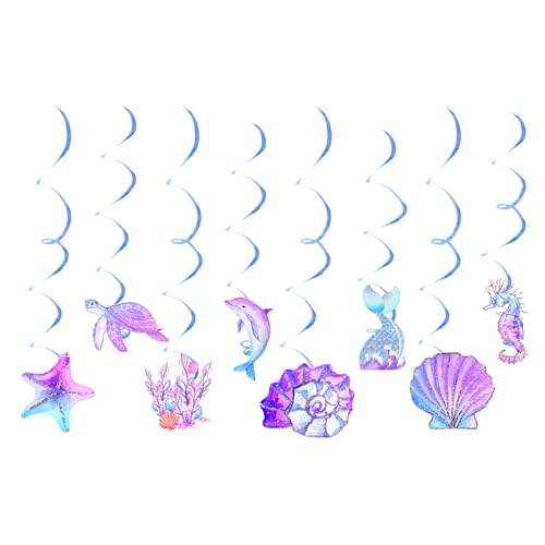 Meerjungfrau Geburtstag Deko-16 Stück Meerjungfrau Deko Kindergeburtstag,Iridescent Mermaid Garland mit Seepferdchen Seashell Starfish Quallen,Holographic Paper Party Zubehör von Senken