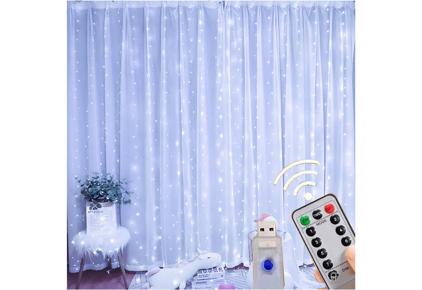 Senmudi LED-Lichtervorhang Lichtervorhang,3x3m Lichterketten Vorhang Lichterkettenvorhang 8 Modi, LED Taschenlampe Aufladbar,5 Lichtmodi und Wasserdicht,Zoombar von Senmudi