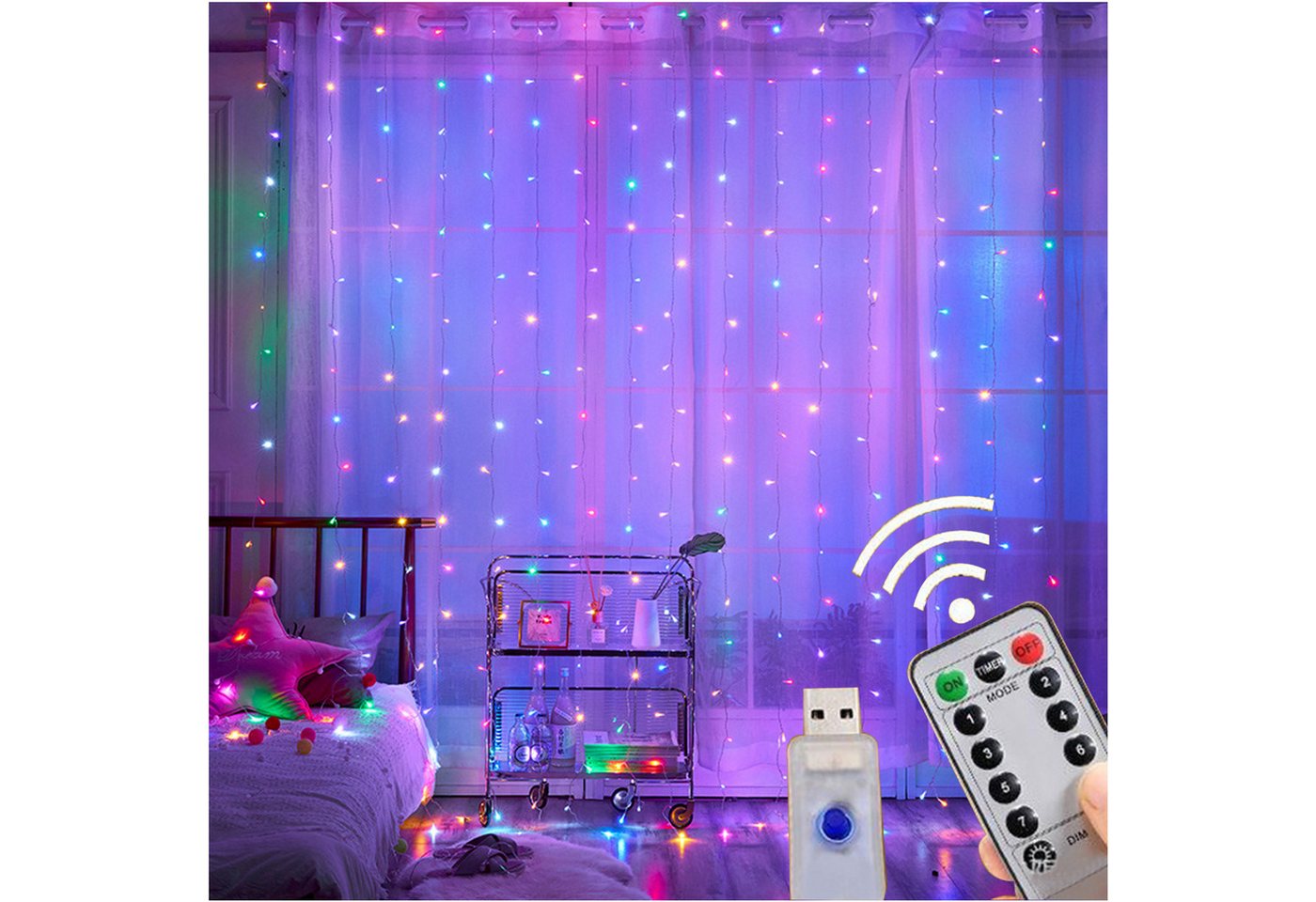 Senmudi LED-Lichtervorhang Lichtervorhang,3x3m Lichterketten Vorhang Lichterkettenvorhang 8 Modi, LED Taschenlampe Aufladbar,5 Lichtmodi und Wasserdicht,Zoombar von Senmudi