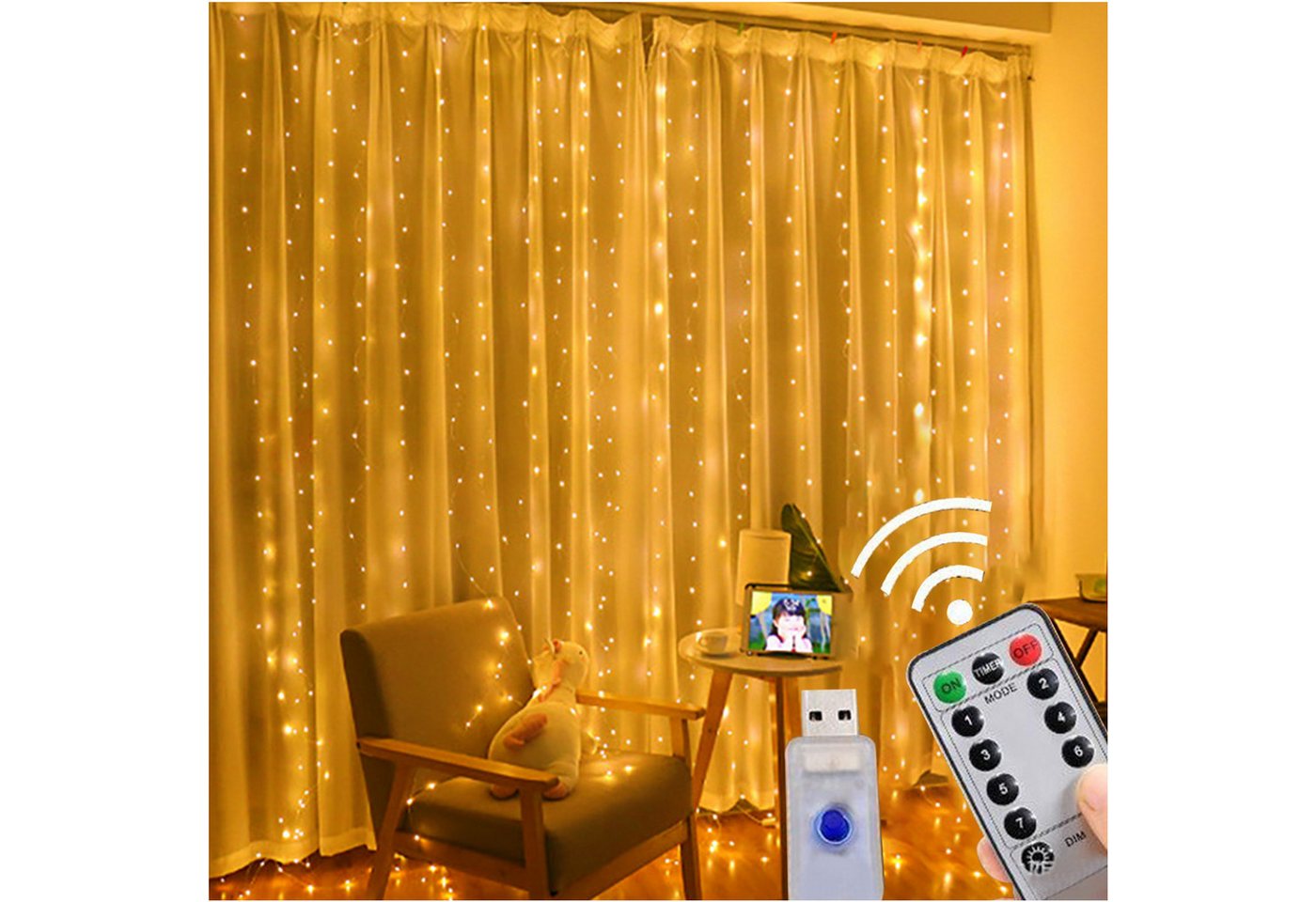 Senmudi LED-Lichtervorhang Lichtervorhang,3x3m Lichterketten Vorhang Lichterkettenvorhang 8 Modi, LED Taschenlampe Aufladbar,5 Lichtmodi und Wasserdicht,Zoombar von Senmudi