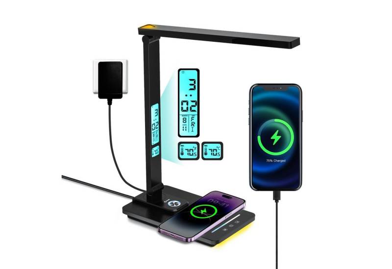 Senmudi Schreibtischlampe LED Schreibtischlampe,5 Helligkeitsstufen LED Tischleuchte,Faltbare, LED fest integriert, 5 Farbtemperaturen LED Tischlampe, Mit Temperaturanzeige, Wecker, Kalender und Nachtlichtfunktion. von Senmudi