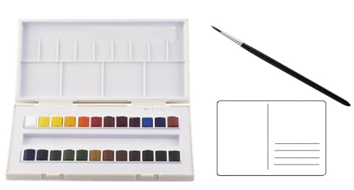 Sennelier Aquarelle 24 Pans. Sennelier Kunststoff Aquarellkasten 24 x 1/2 Näpfchen + Pinsel und 1 Aquarellpostkarten. Made in France von Sennelier