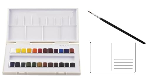 Sennelier Aquarelle 24 Pans. Sennelier Kunststoff Aquarellkasten 24 x 1/2 Näpfchen + Pinsel und 1 Aquarellpostkarten von Sennelier