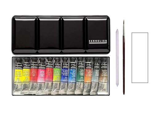 Sennelier Aquarellfarbe Extra-Fines Set 12 x 10 ml Tubes Aquarell Malkasten, Metallbox, mit Brush und verschmieren,Made in France (Frankreich Import) von Sennelier