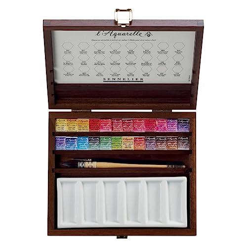 Sennelier L'Aquarelle Wood Watercolor Half Pan Set, 24 Half Pans, Porcelain Palette, Brushes Size 2 and 3 (10-131614-00) von Sennelier