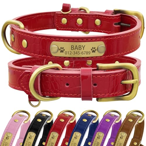 Senristar Personalisierte Hundehalsband aus Echtem Leder mit Eingraviertem Namensschild - Langlebiges und Stilvolles Hundehalsband für Kleine, Mittlere und Große Hunde (L, Rot) von Senristar