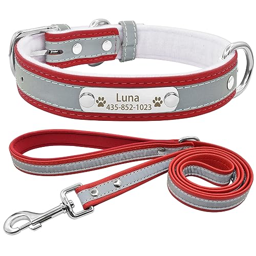 Senristar Personalisierte Reflektierende Hundehalsband und Leine Set,Benutzerdefinierte Eingraviert Warmes Futter Hundehalsband mit Namensschild für Kleine,Mittlere,Große Hunde & Katzen von Senristar