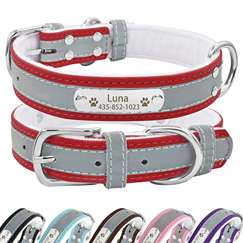 Senristar Personalisierte Reflektierende Leder Hundehalsband mit Warmem Futter, Individuelle Hundehalsband mit Namensschild Eingraviert für Kleine Mittlere und Große Hunde und Katzen von Senristar