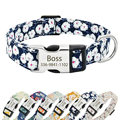 Senristar Personalisiertes florales Hundehalsband mit Namen, Benutzerdefinierte Blume Drucken Hundehalsbänder mit Gravierten Schnalle für Kleine Mittlere Große Hunde von Senristar