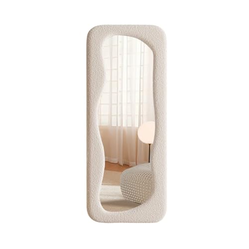 SensaHome gepolsterter Standspiegel Curvy – asymmetrischer organischer Ganzkörperspiegel aus Bouclé-Stoff – 60 x 160 – Teddyweiß von SensaHome