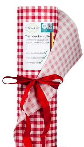 Sensalux Tischdeckenrolle, stoffähnliches Vlies, Standard 100 by Oeko-TEX® - Klasse I Zertifiziert, 1,18 m x 10 m Karomuster, Weiß-Rot von Sensalux