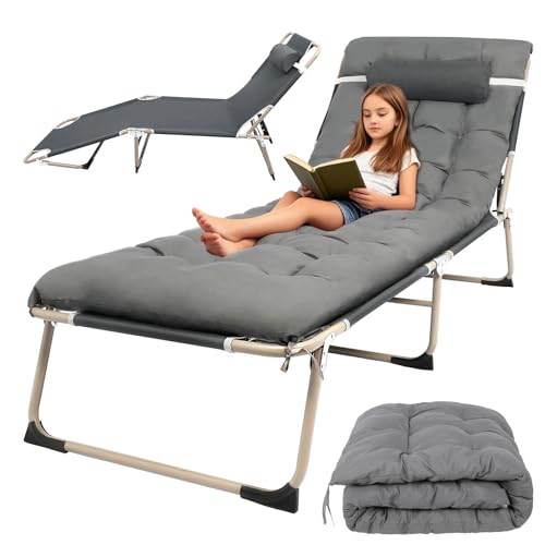 Sensch Sonnenliege Klappbett Gästebett Klappbar 176X56X28cm Gartenliege Feldbett Tragfähigkeit 150KG Reisebett Erwachsene 1200D Gewebe mit Auflage, Kopfstütze Verstellbare Rückenlehne (Grau) von Sensch