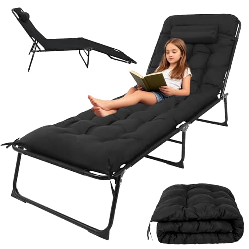Sensch Sonnenliege Klappbett Gästebett Klappbar 176X56X28cm Gartenliege Feldbett Tragfähigkeit 150KG Reisebett Erwachsene 1200D Gewebe mit Auflage, Kopfstütze Verstellbare Rückenlehne (Schwarz) von Sensch