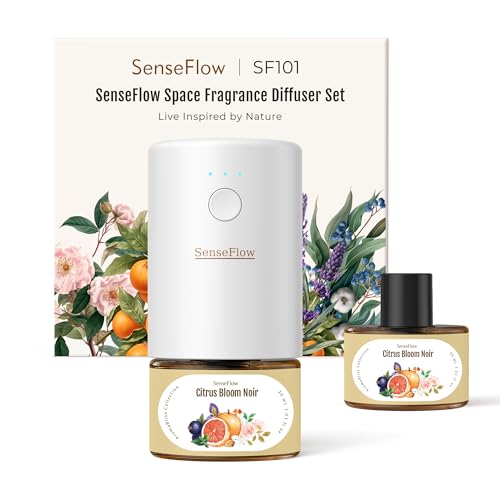SenseFlow Aroma Diffuser für Ätherische Öle SF101, Wasserloser Ultraschall Duftstecker Raumduft, 100% pflanzlich Lufterfrischer, 120-Tage Aroma für Zuhause, Hotel bis zu 100 m²- Schwarze Zitrusblüten von SenseFlow