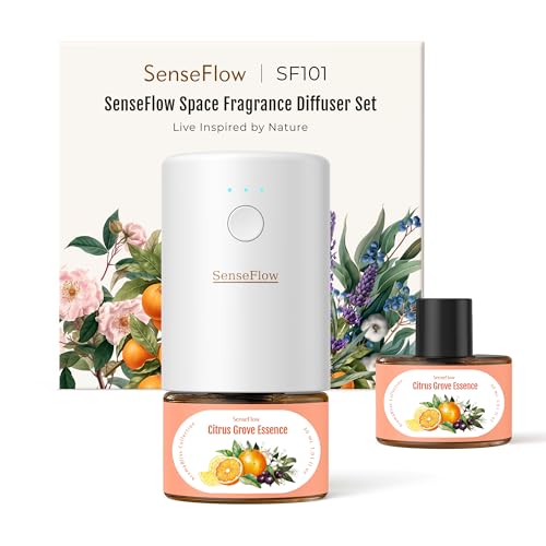 SenseFlow Aroma Diffuser für Ätherische Öle SF101, Wasserloser Ultraschall Duftstecker Raumduft, 100% pflanzlich Lufterfrischer, 120-Tage Aroma für Zuhause, Hotel - bis zu 100 m² - Zitrushain-Essenz von SenseFlow