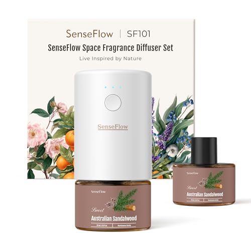 SenseFlow Aroma Diffuser für Ätherische Öle SF101, Wasserloser Ultraschall Duftstecker Raumduft, 100% pflanzlich Lufterfrischer, 120-Tage Aroma für Zuhause - bis zu 100 m² - Australisches Santelholz von SenseFlow