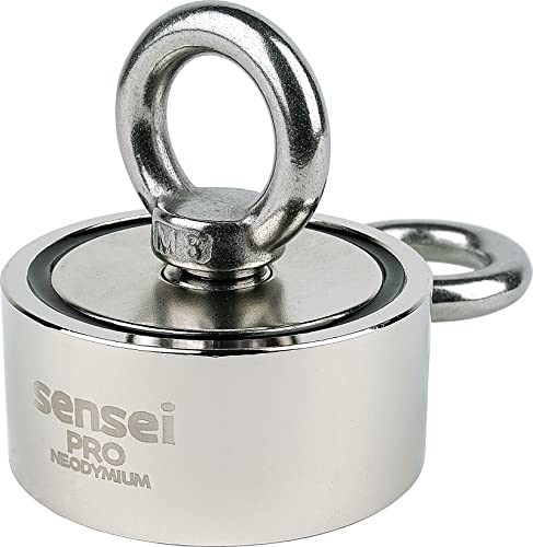 SENSEI Magnet 150 kg, Doppelseitiger Neodym-Magnet N52 mit 2 Ösen oben und seitlich, Ø6 x H2,7 cm von Sensei