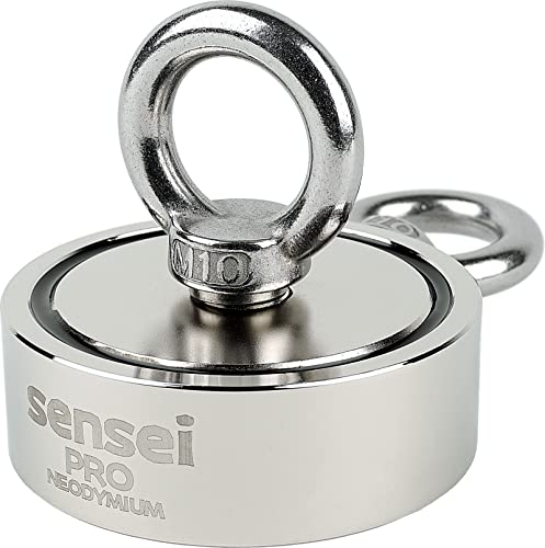 SENSEI Magnet 250 kg, Doppelseitiger Neodym-Magnet N52 mit 2 Ösen oben und seitlich, Ø7,5 x H2,5 cm von Sensei