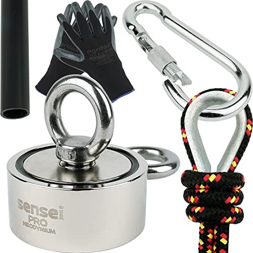 SENSEI Set 150 kg, Doppelseitiger N52 Neodym-Magnet mit 2 Ösen, Ø6 x H2,7 cm, Segelseil 25 m, Schutzhandschuhe + Zubehör von Sensei