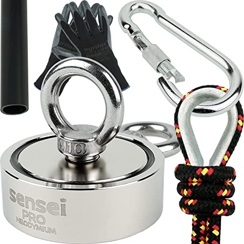SENSEI Set 250 kg, Doppelseitiger N52 Neodym-Magnet mit 2 Ösen, Ø7,5 x H2,5 cm, Segelseil 25 m, Schutzhandschuhe + Zubehör von Sensei