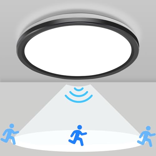 LED Deckenleuchte mit Radar Bewegungsmelder,18W 5000K 1800lm LED Deckenlampe mit Bewegungssensor Innen 360°IP40 Kaltweiß Motion Sensor lampe Rund für Balkon Flur Treppe Keller 23CM (Schwarz, 1stücke) von Sentasi