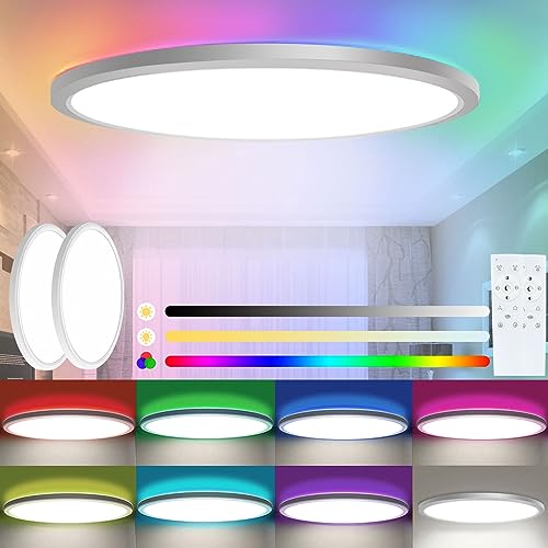 Sentasi 24W LED Deckenleuchte Dimmbar mit Fernbedienung,RGB-Hintergrundbeleuchtung 7 Farbwechsel,3200LM 3000K/4000K/6500K Ultra Dünn Wohnzimmer Deckenleuchte für Schlafzimmer/Wohnzimmer/Küche von Sentasi