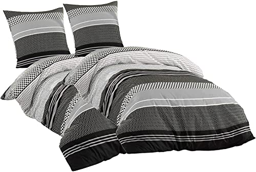 Sentidos Bettwäsche-Set 4teilig Renforcé Baumwolle 135x200 cm mit Reißverschluss Bett-Bezug, 80x80 cm Kissen-Bezug Bett-Garnitur Grau schwarz weiß (2 STK.135 x 200 cm + 2 STK. 80 x 80 cm) von Sentidos