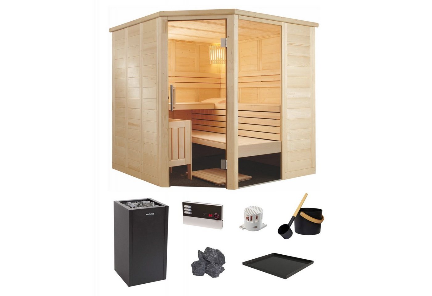 Sentiotec Sauna Sentiotec Alaska Corner Saunakabine Komplett Set mit Saunaofen von Sentiotec