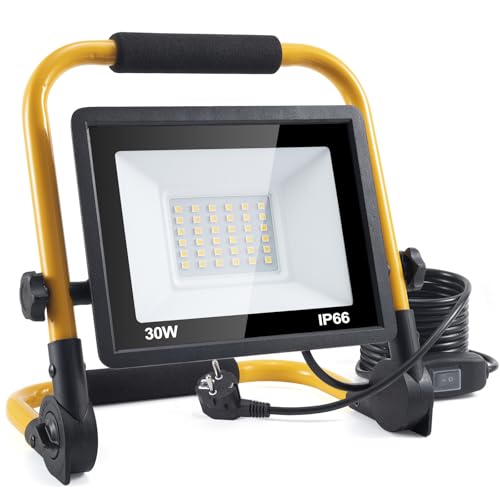 LED Baustrahler, 30W 3600LM Arbeitsleuchte, LED Arbeitsleuchte mit Stecker, IP66 Wasserdicht Baustrahler mit 4M Kabel, Tragbar für Werkstatt oder Baustelle,Garage von Sentoo