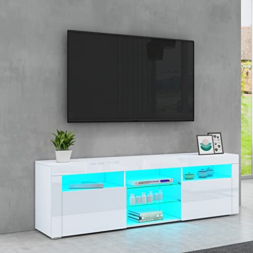 1600mm LED TV Schrank TV Lowboard Modernes Hochglanz TV Ständer Aufbewahrungselement mit 2 Türen & Glasböden Sideboard für Wohnzimmer Schlafzimmer Möbel, Weiß von Senvoziii