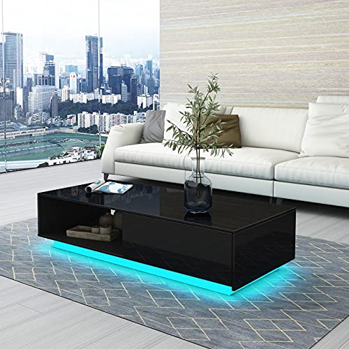 Senvoziii Couchtisch Modern Led mit Stauraum Hochglanz Wohnzimmertisch Kaffeetisch Rechteckiger Tisch für Wohnzimmer Büromöbel Schwarz von Senvoziii