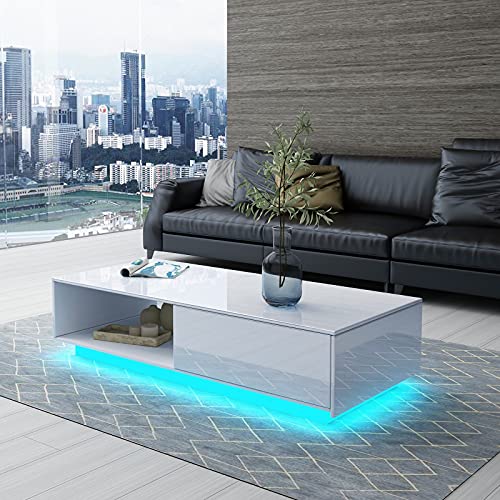 Senvoziii Couchtisch Modern Led mit Stauraum Hochglanz Wohnzimmertisch Kaffeetisch Rechteckiger Tisch für Wohnzimmer Büromöbel Weiß von Senvoziii