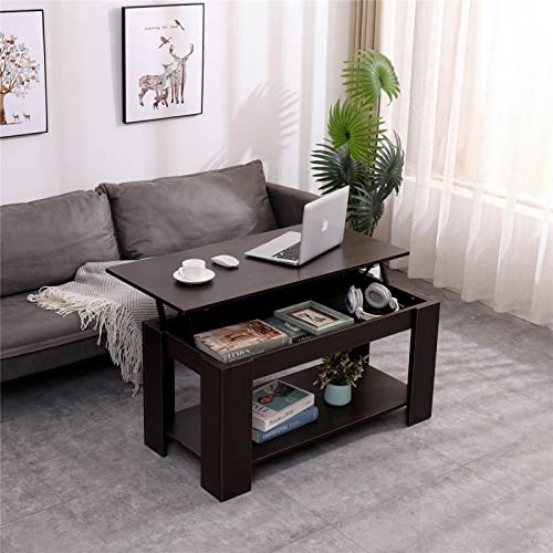 Couchtisch mit Lagerung, Lift Top Couchtisch, Holz Hebe Couchtisch mit Versteckter Lagerung und Separaten Regal, Tee Tisch Rechteck Mitte Tisch für Wohnzimmer (Walnuss) von Senvoziii