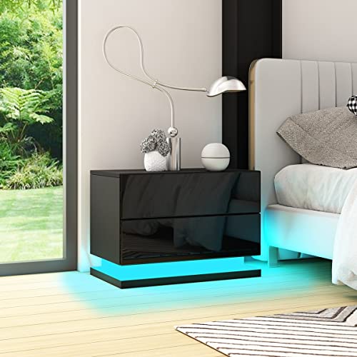 Hochglanz Nachttisch mit RGB LED Beleuchtung Nachtkommode Hölzerne Lagerung Schrank Kommode mit 2 Schubladen für Schlafzimmer Wohnzimmer - Schwarz von Senvoziii